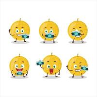 Photographer profession emoticon with yellow melon cartoon character vector