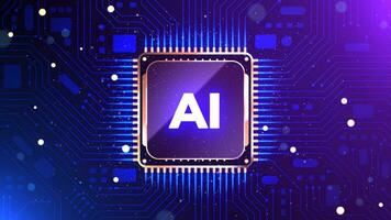 Glowing AI chipset processor and circuits. Futuristic artificial intelligence CPU with motherboard. Digital technology illustration concepts vector