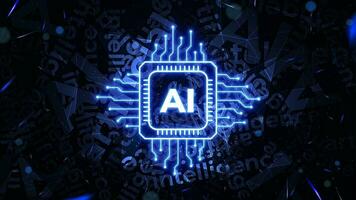 Glowing AI chipset processor with scattered text background. Digital technology wallpaper of artificial intelligence. Futuristic CPU circuit concept in the neon light style vector