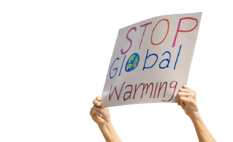 Hand of volunteer activist holding stop global warming sign during the protest against pollution and climate change to reduce carbon footprint isolated on transparent background png