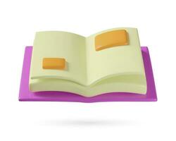 3d opened book icon. Realistic Plastic three dimensional vector object isolated on white background. School textbook or encyclopedia in purple cover. Educational and knowledge concept.