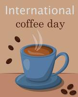 internacional café día, café en un taza, café frijoles, vector ilustración