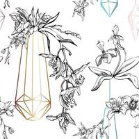 Hand drawn vector ink orchid flowers and branches, monochrome, detailed outline. Seamless pattern with crystal forms. Isolated on white background. For wall art, wedding, print, tattoo, cover, card.