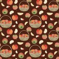 Hand drawn watercolor apple fruits in basket, ripe, full and slices red and green. Seamless pattern. Isolated object on color background. Design for wall art, wedding, print, fabric, cover, card. vector