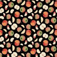 Hand drawn watercolor apple fruits, ripe, full and slices red and green with leaves. Seamless pattern. Isolated object on color background. Design for wall art, wedding, print, fabric, cover, card. vector