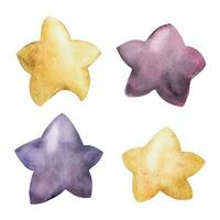 Watercolor hand drawn illustration, magical cosmos universe items, gold and purple stars. Set of single objects isolated on white background. For kids, children bedroom, fabric, linens print, cards vector