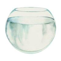 Hand drawn watercolor aquarium glass fishtank round bowl filled with water. Marine hobby illustration. Isolated object on white background. Design for shops, brochure, print, card, wall art, textile. vector