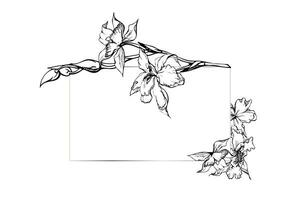 Hand drawn vector ink orchid flowers and branches, monochrome, detailed outline. Horizontal frame composition. Isolated on white background. Design for wall art, wedding, print, tattoo, cover, card.