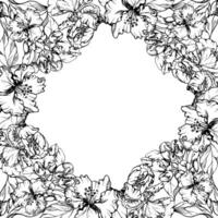 Hand drawn ink apple flowers, branches and leaves, monochrome vector, detailed outline blossom Circle round wreath Isolated on white background Design for wall art, wedding, print, fabric, cover card. vector