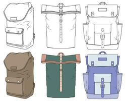 Hand drawn colorfull Vector Set of Backpacks. Cartoon Casual Backpack, cool backpack colorfull. Backpacks Vector illustration.