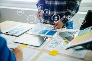 UX graphic designer planning application process development prototype wireframe for web smart phone. Creative digital development agency. photo