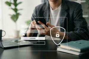 Cyber security concept, Login, User, identification information security and encryption, secure access to user's personal information woman using smart phone and tablet photo
