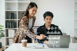 Business team hand Project manager working and update tasks and Gantt chart scheduling virtual diagram.with smart phone, tablet and laptop in office. photo