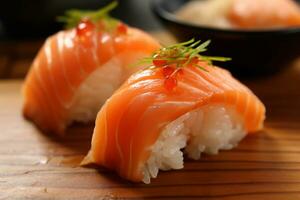 Sushi with salmon on the plate, Japanese food. AI Generated., Japanese food. AI Generated. photo