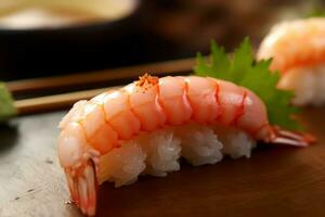 Sushi con camarón en el lámina, japonés alimento. ai generado., japonés alimento. ai generado. foto