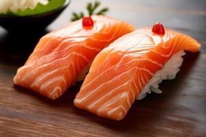 Sushi with salmon on the plate, Japanese food. AI Generated., Japanese food. AI Generated. photo