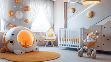 Nursery room of a beautiful futuristic design. AI Generated. photo