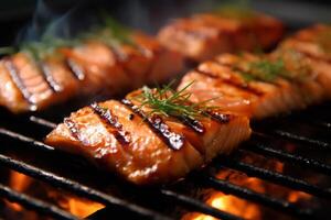Close-up top view of ingredients Grilled Chicken, Salmon, Pork, Japanese food. . photo