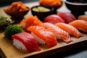 Sushi with salmon on the plate, Japanese food. AI Generated., Japanese food. AI Generated. photo