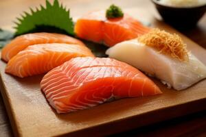 Close-up top view of ingredients Sashimi SET, Salmon, Tuna, Japanese food. AI Generated. photo