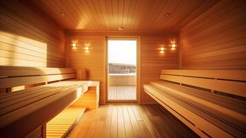 el sauna habitación de un hermosa brillante moderno estilo casa. ai generado. foto