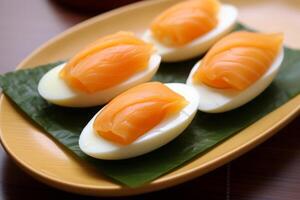 Close-up top view of ingredients Tamago SASHIMI, Japanese food. AI Generated. photo