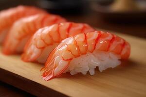 Sushi con camarón en el lámina, japonés alimento. ai generado., japonés alimento. ai generado. foto