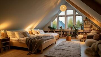 Attic room of a beautiful bright modern style house. AI Generated. photo
