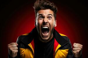 Belgian football fan celebrating a victory on black yellow and red background with empty space for text photo