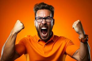 Dutch football fan celebrating a victory on orange background with empty space for text photo