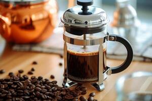 Close-up top view of ingredients French press, Coffee. . photo