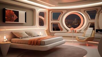 Guest Room of a beautiful futuristic design. AI Generated. photo