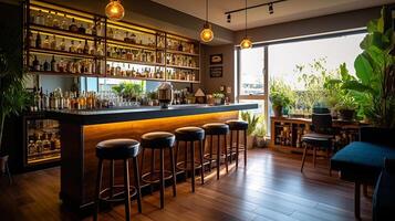 el bar habitación de un hermosa brillante moderno estilo casa. ai generado. foto