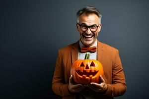 bibliotecario con un Víspera de Todos los Santos calabaza en un sólido antecedentes con vacío espacio para texto foto