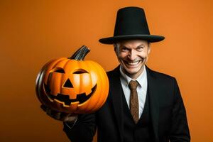 Economist with a Halloween pumpkin on a solid background with empty space for text photo