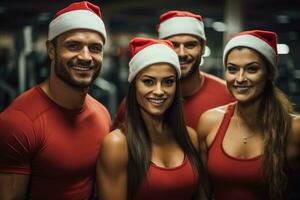 Team of fitness trainers analysts on Christmas photo in santa hat