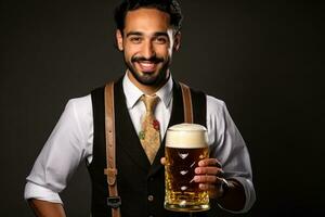 Young man in traditional German clothes with beer on solid gray background photo