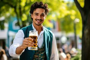 Young man in traditional German clothes with beer on solid teal background photo