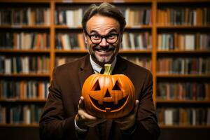 Librarian with a Halloween pumpkin on a solid background with empty space for text photo