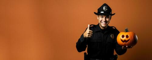 Police Officer with a Halloween pumpkin on a solid background with empty space for text photo