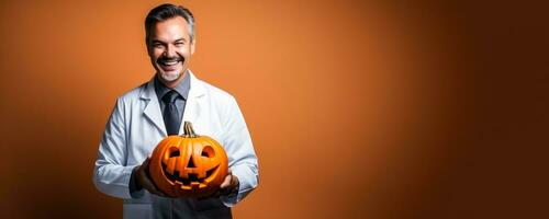 Veterinarian with a Halloween pumpkin on a solid background with empty space for text photo