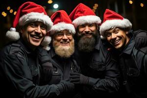 equipo de policía oficiales analistas en Navidad foto en Papa Noel sombrero