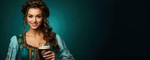 Young woman in traditional German clothes with beer on solid teal background photo