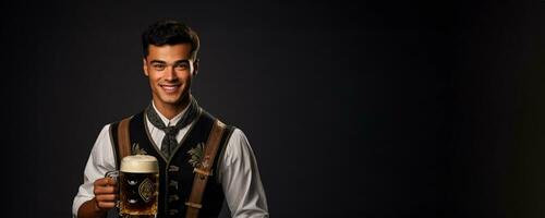 Young man in traditional German clothes with beer on solid gray background photo