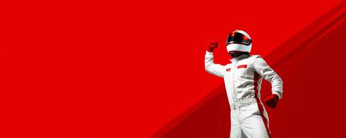 Race car driver triumphantly crossing the finish line on red background with empty space for text photo