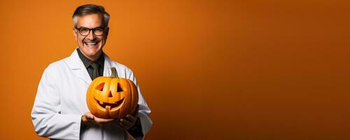 Doctor with a Halloween pumpkin on a solid background with empty space for text photo