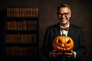 Librarian with a Halloween pumpkin on a solid background with empty space for text photo