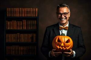 bibliotecario con un Víspera de Todos los Santos calabaza en un sólido antecedentes con vacío espacio para texto foto