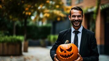 Architect with a Halloween pumpkin on a solid background with empty space for text photo
