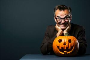 Journalist with a Halloween pumpkin on a solid background with empty space for text photo